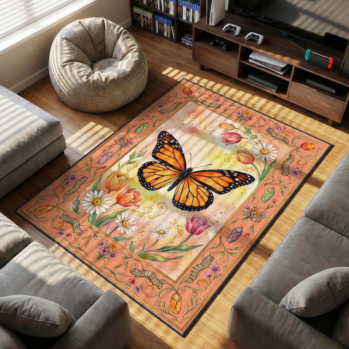 Monarch Butterfly Garden Rug - Kids Room Floor Mat