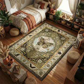 Monarch Organization world map featuring Mothra and kaiju silhouettes in a vintage cartography tapestry art style movie themed area rug and home theater mat