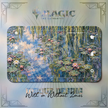 Monet Water Lily MTG playmat, gray and blue art with play zones, 24 x 14 in