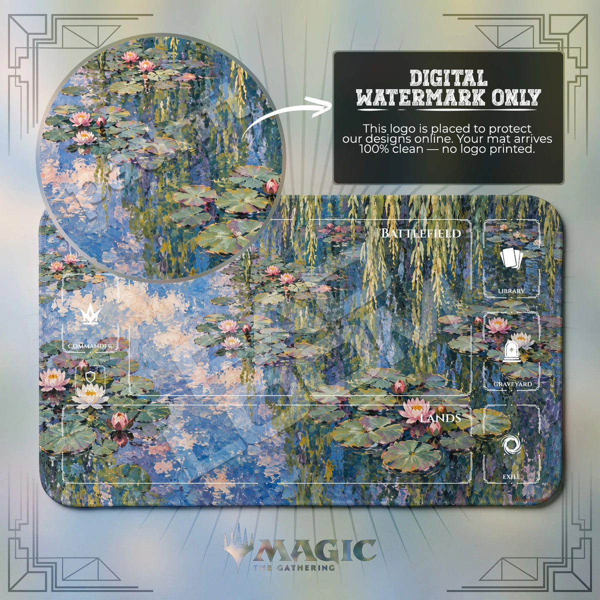 Monet Water Lily MTG playmat with zones; the Padloom watermark is digital only, not printed