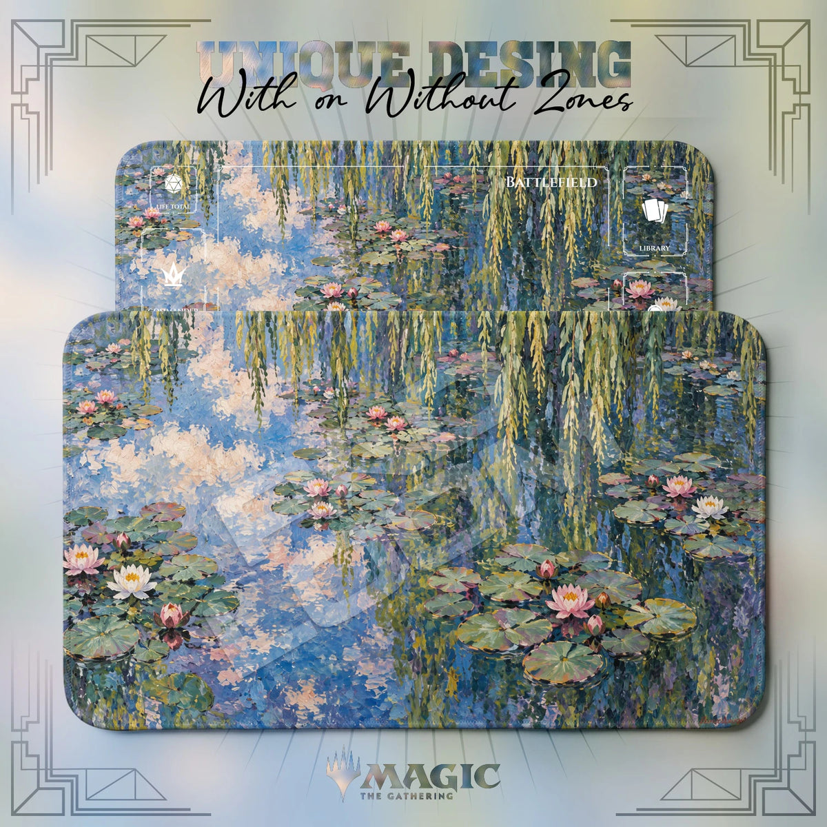 Monet Water Lily MTG playmat shown with zones and without zones