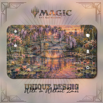 Monet Wisteria Bridge MTG playmat, brown and orange art with play zones, 24 x 14 in
