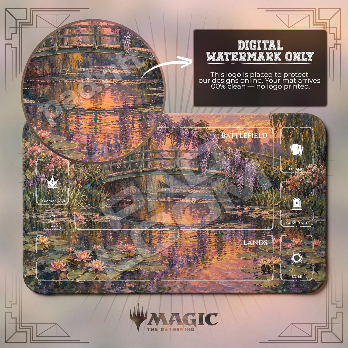 Monet Wisteria Bridge MTG playmat with zones; the Padloom watermark is digital only, not printed