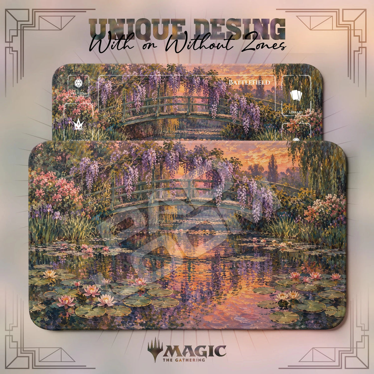 Monet Wisteria Bridge MTG playmat shown with zones and without zones
