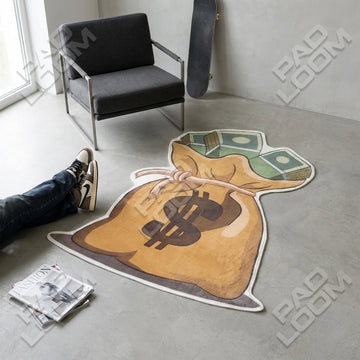 Money Bag shaped area rug, die-cut man cave rug