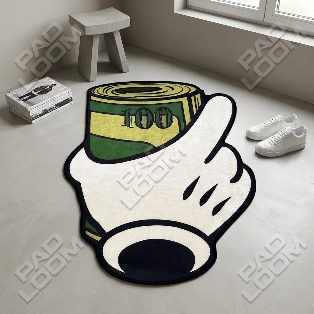 Money Glove shaped rug shown in a room setting
