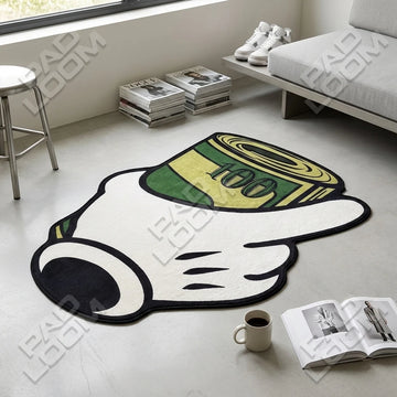 Money Glove shaped area rug, die-cut man cave rug