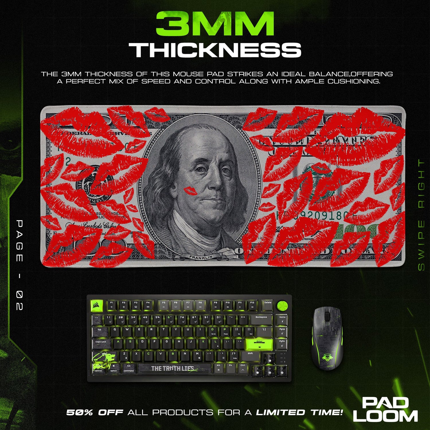 Money Kiss Art Mouse Pad, Abstract Gamer Desk Mat Padloom