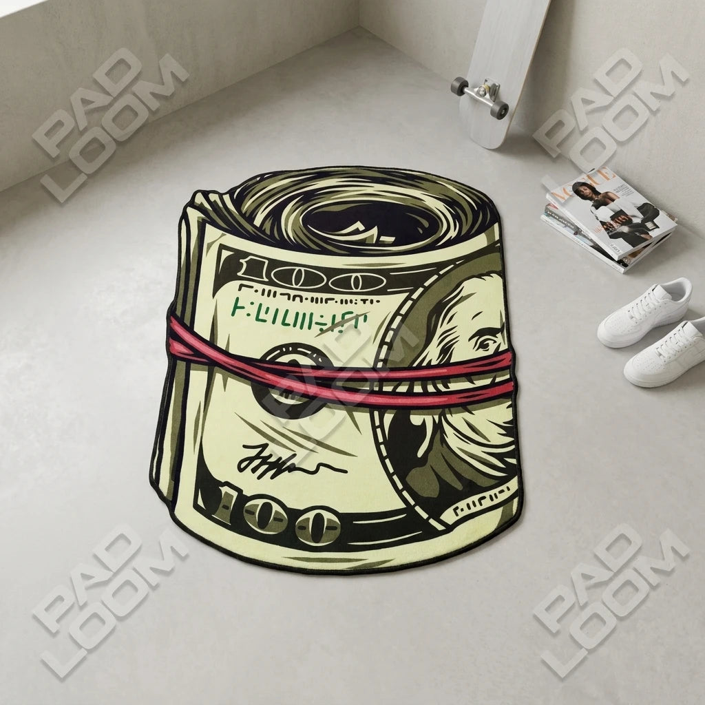 Money Roll shaped rug shown in a room setting