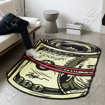 Money Roll shaped area rug, die-cut man cave rug