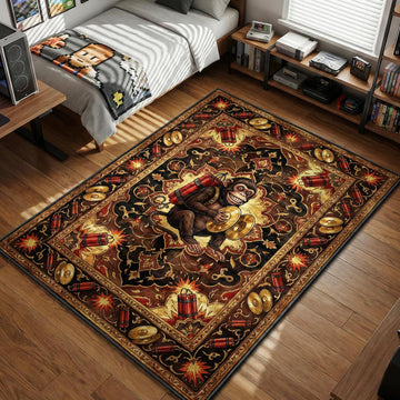 Cymbal Monkey Bomb toy with dynamite strapped to back classic rug pattern gaming area rug and floor mat