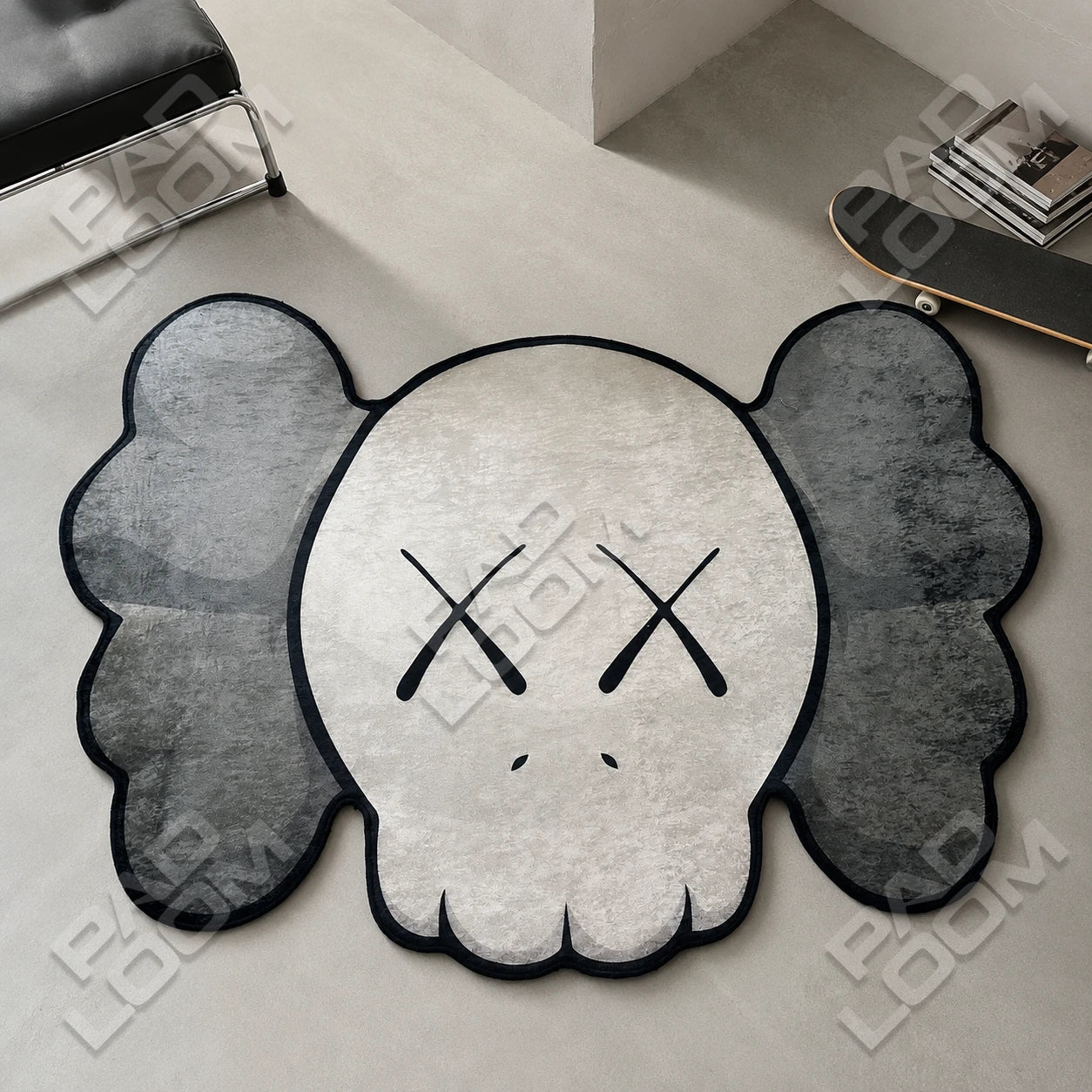 Mono KAWS Skull shaped rug shown in a room setting