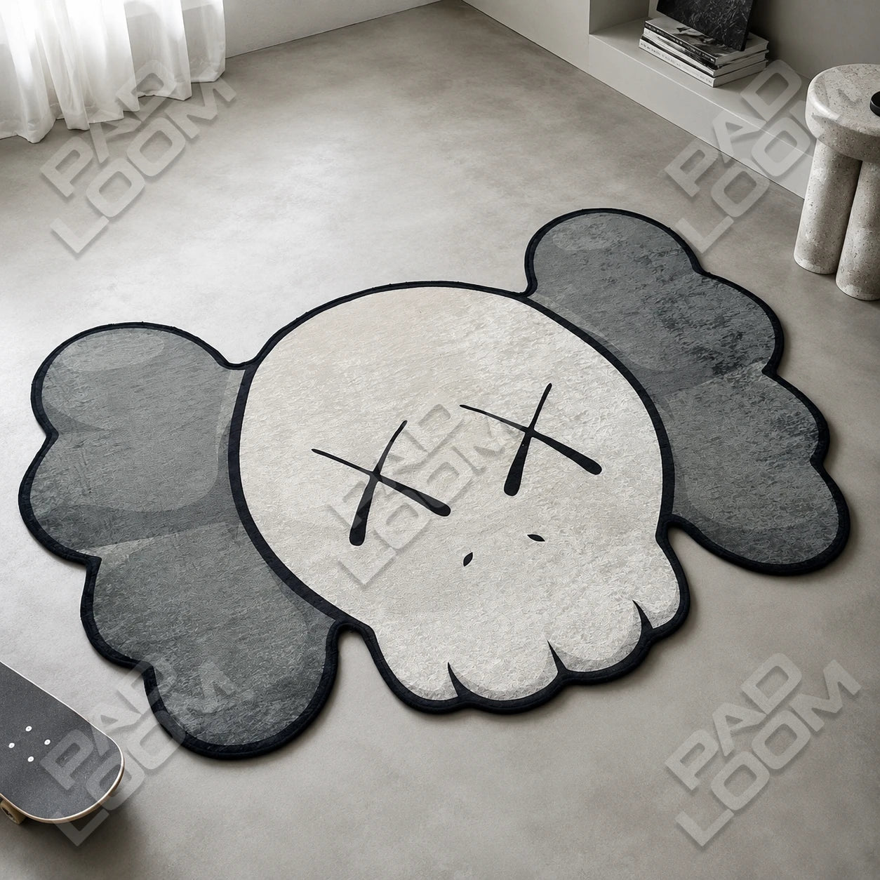 Mono KAWS Skull shaped rug close-up, soft washable pile