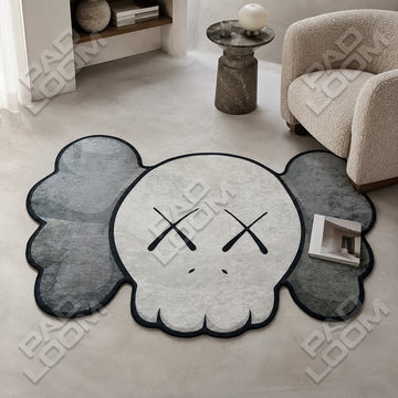 Mono KAWS Skull shaped area rug, die-cut man cave rug