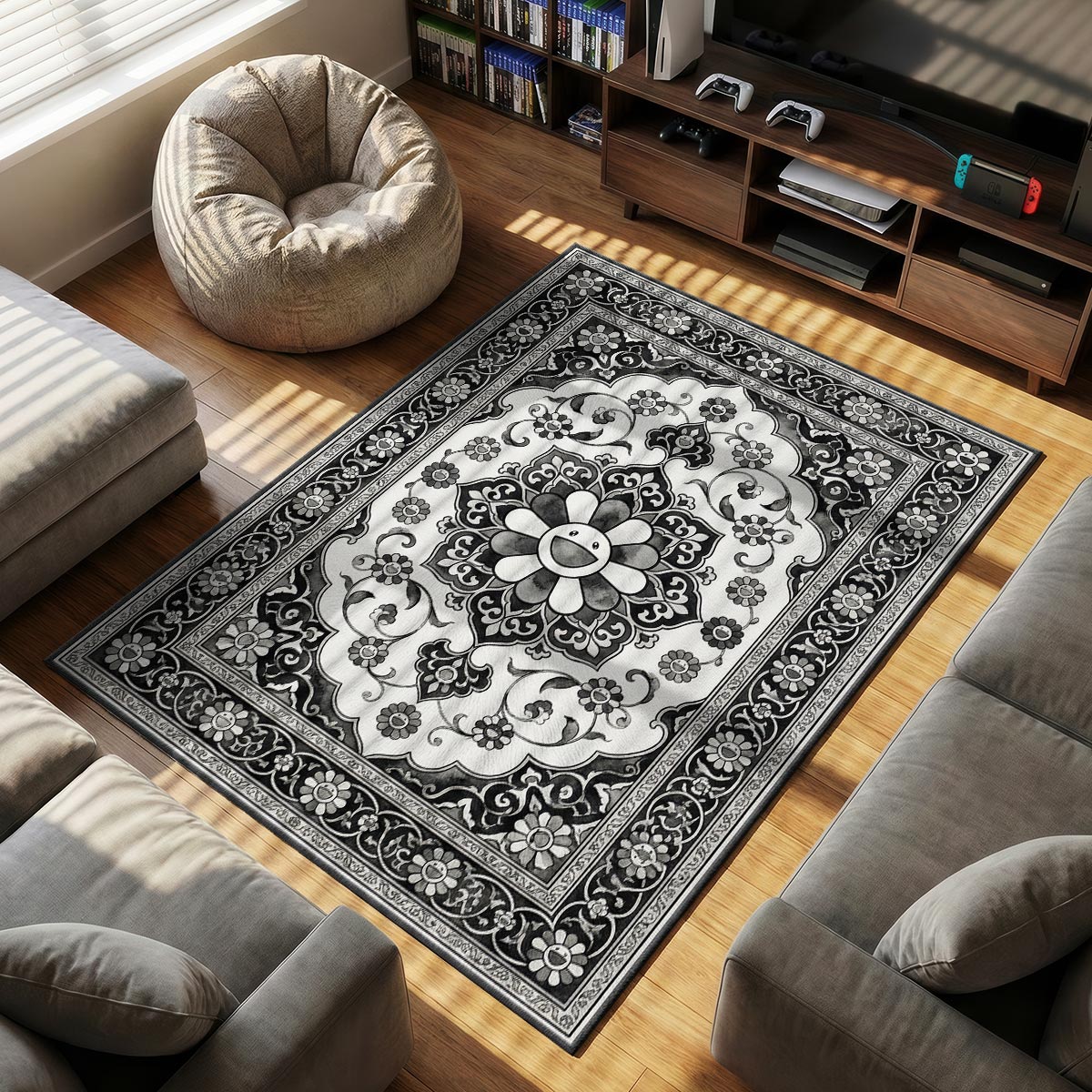 Monochrome Murakami themed area rug for home decor fans