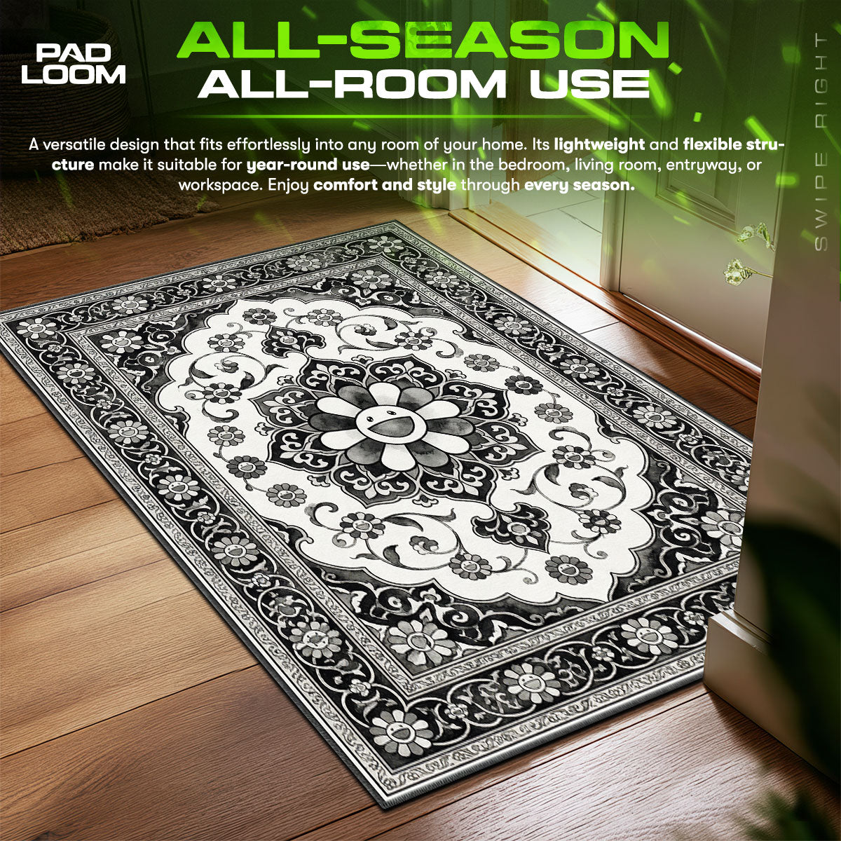 Monochrome Murakami Flower Streetwear Floor fan rug — premium quality print