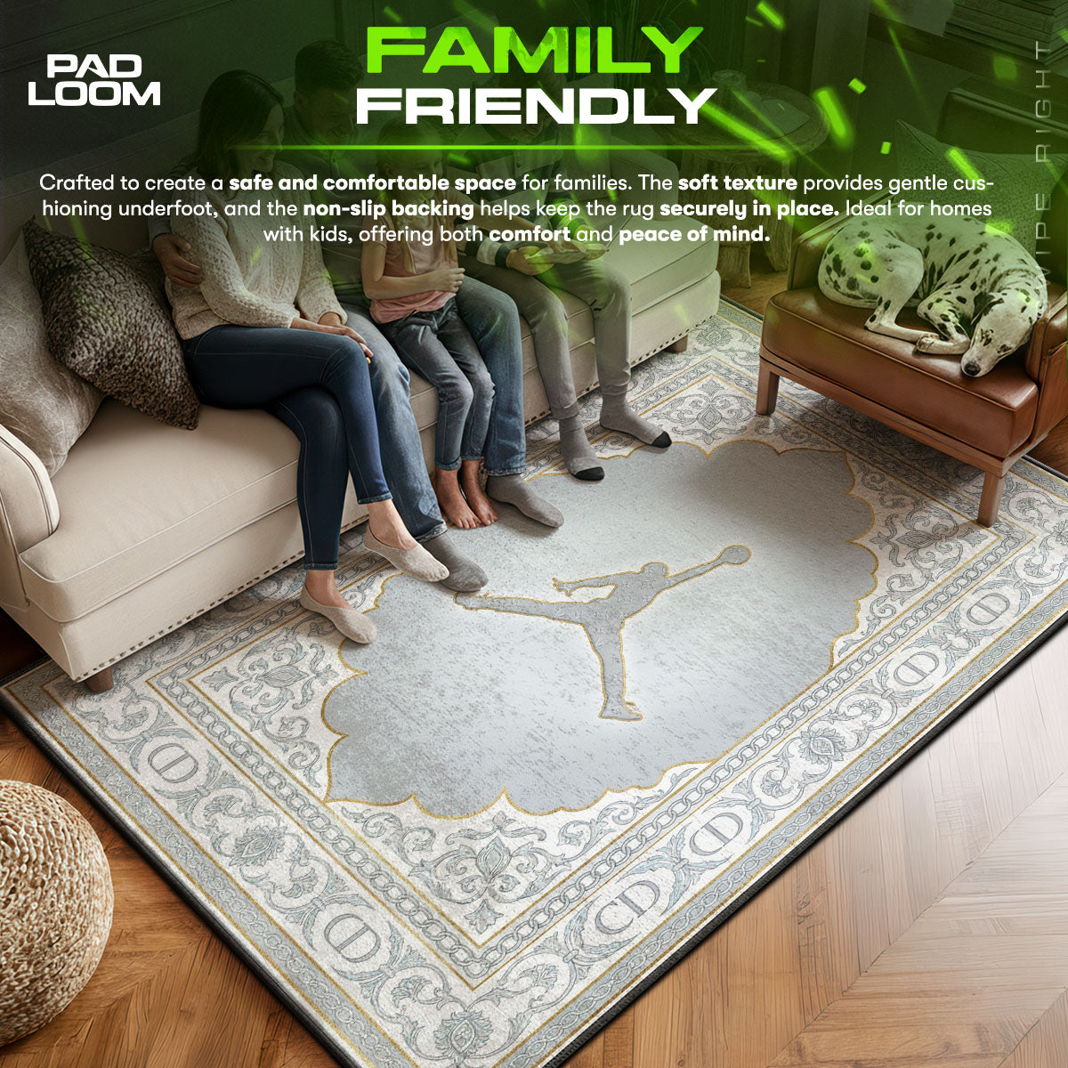 Monogram area rug showing full home decor artwork