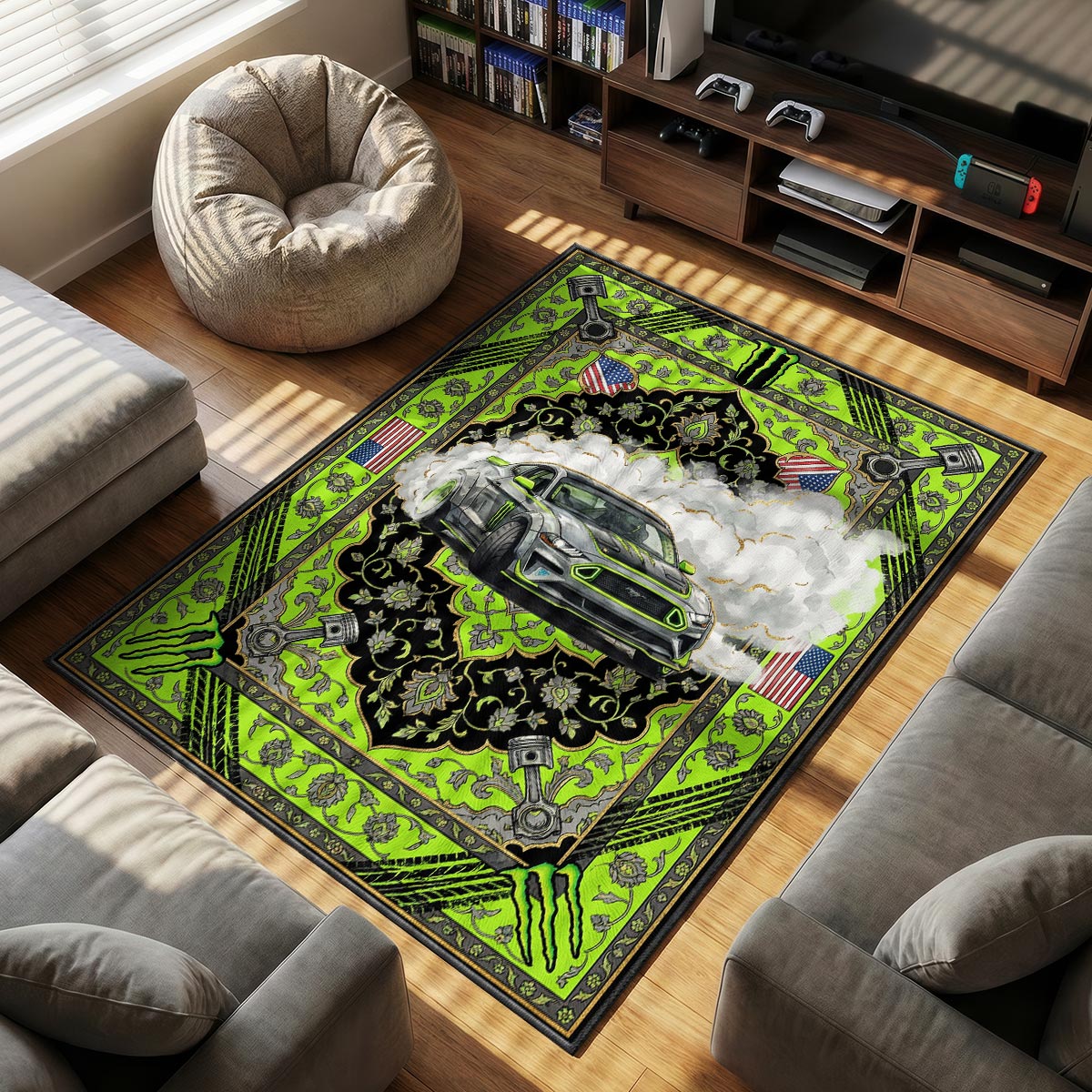 Monster Energy themed area rug for home decor fans