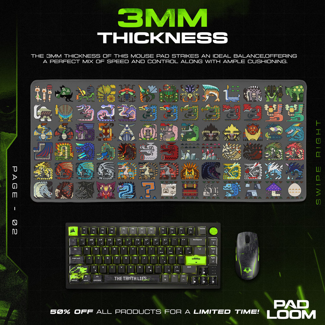 Monster Hunter Icons Mouse Pad, Game Cartoon Monsters Gaming Desk Mat