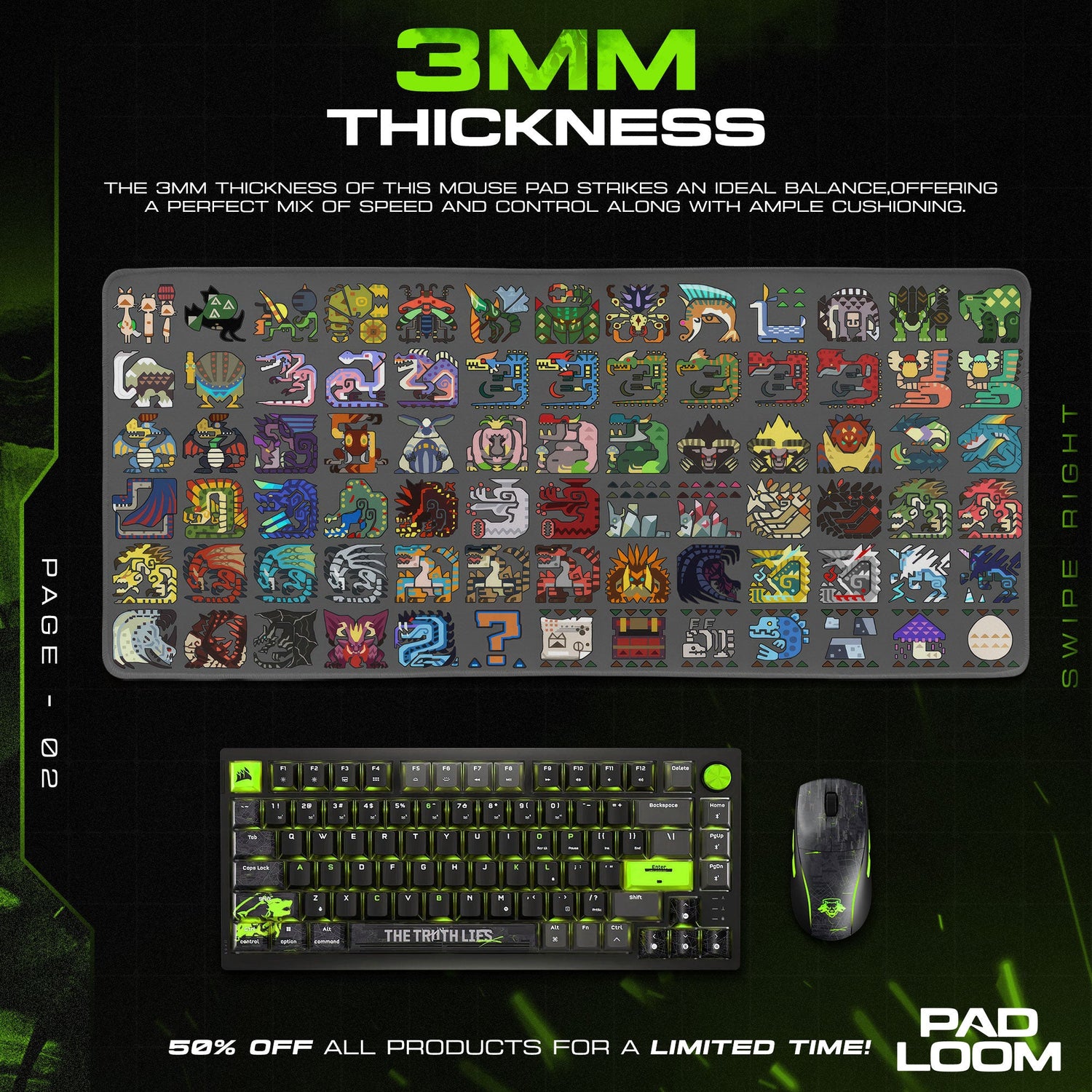 Monster Hunter Icons Mouse Pad, Game Cartoon Monsters Gaming Desk Mat Padloom