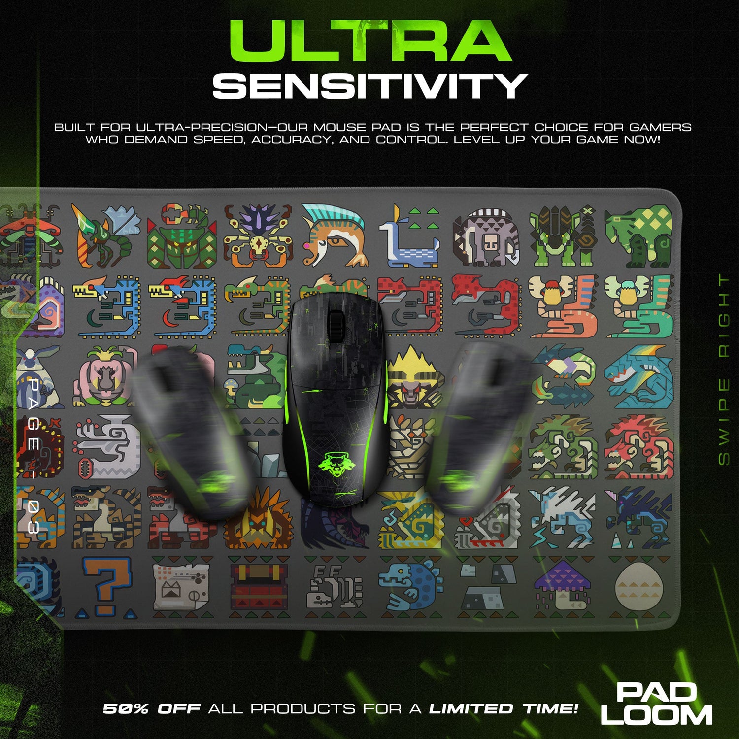 Monster Hunter Icons Mouse Pad, Game Cartoon Monsters Gaming Desk Mat Padloom