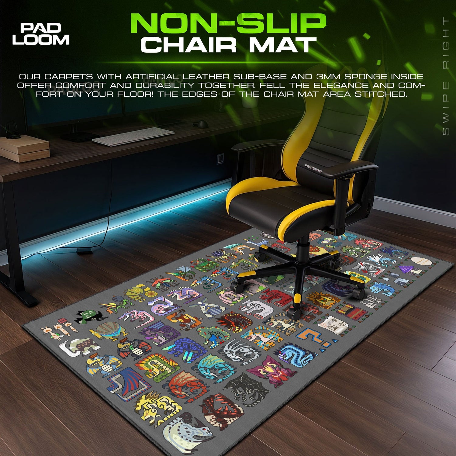Monster Hunter Icons Mouse Pad, Game Cartoon Monsters Gaming Desk Mat Padloom