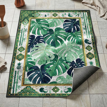 Watercolor monstera leaves kitchen mat in emerald and navy with tropical pineapple bamboo border