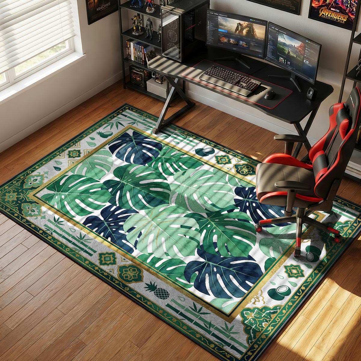 Monstera leaf kitchen rug on white tile floor near potted plants in a bright modern kitchen