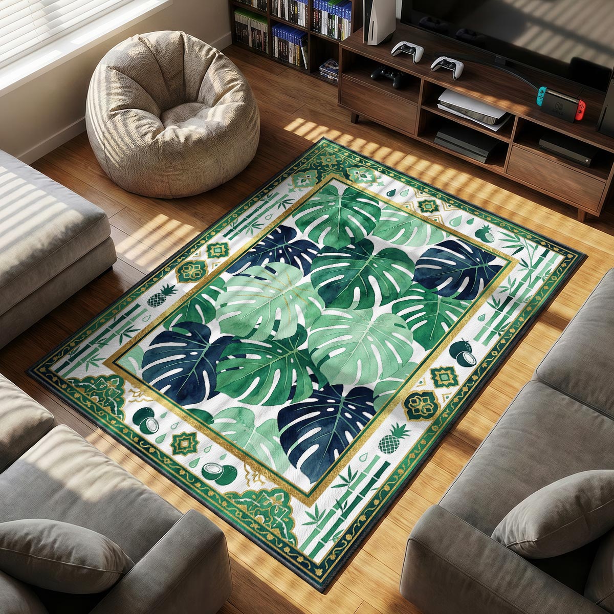 Close-up of monstera mat showing leaf fenestration detail and mint watercolor gradient on velvet