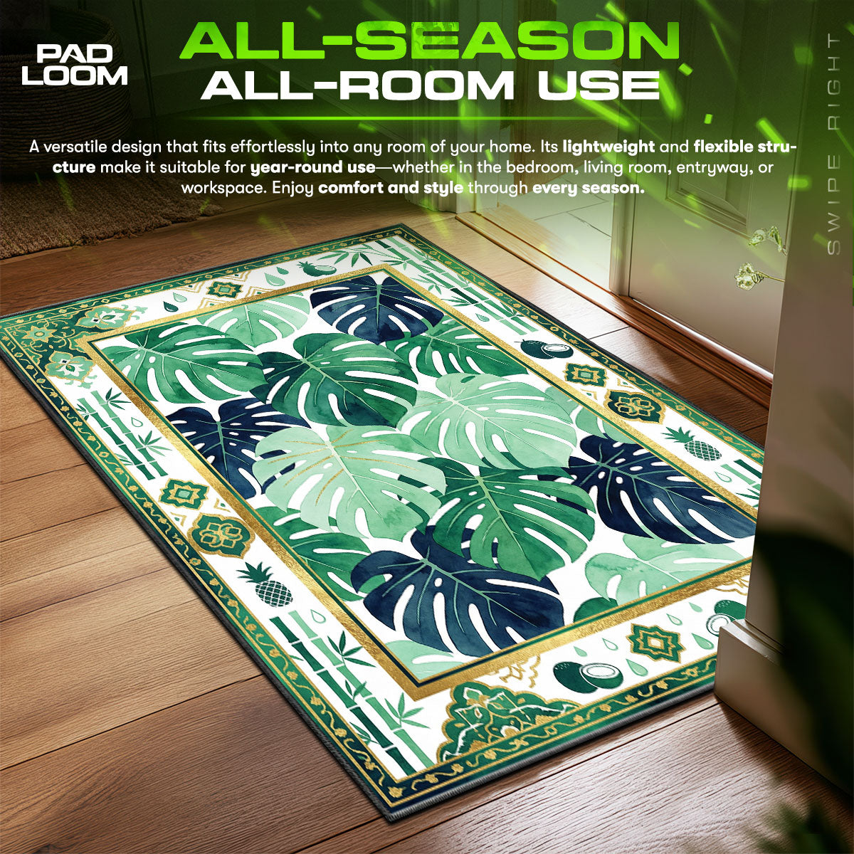 Detailed close-up of Monstera rug pattern