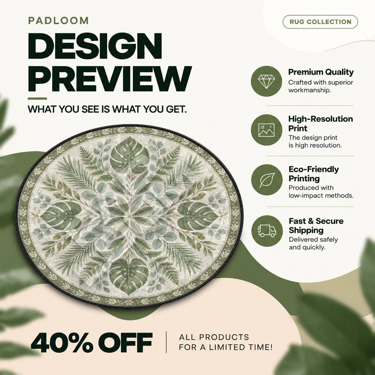 Monstera Medallion botanical round rug full design preview