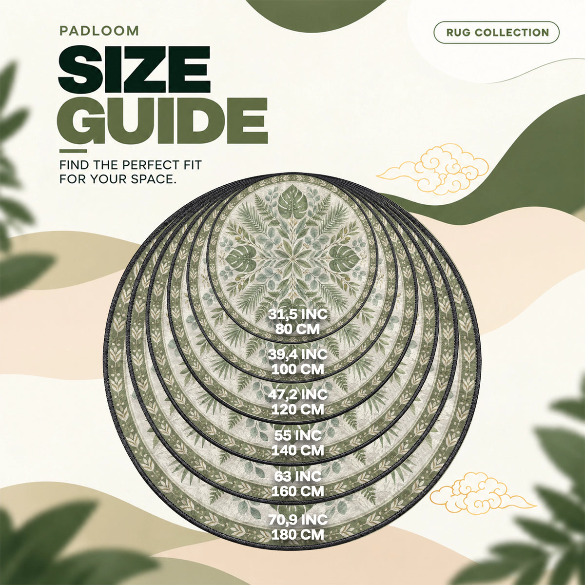 Monstera Medallion round rug size guide, 80 to 180 cm (31.5 to 70.9 in)