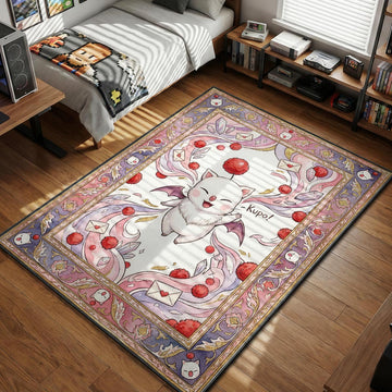 Cute Moogle flying with letters and crystals in pink pastel watercolor style gaming area rug and floor mat