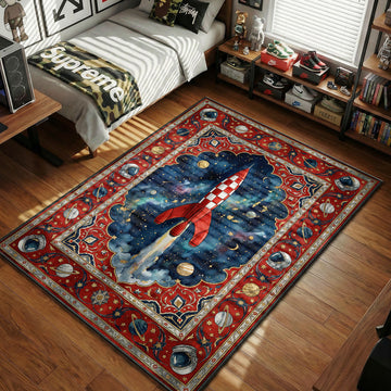 Checkered moon rocket launching into deep space retro vintage art style movie themed area rug and home theater mat.