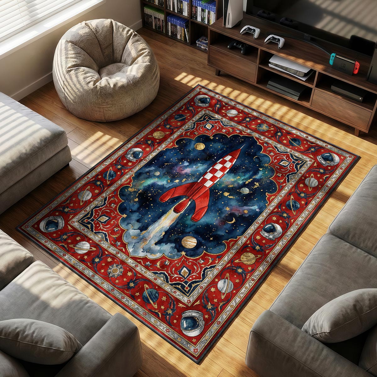 Moon Rocket themed area rug for Space fans