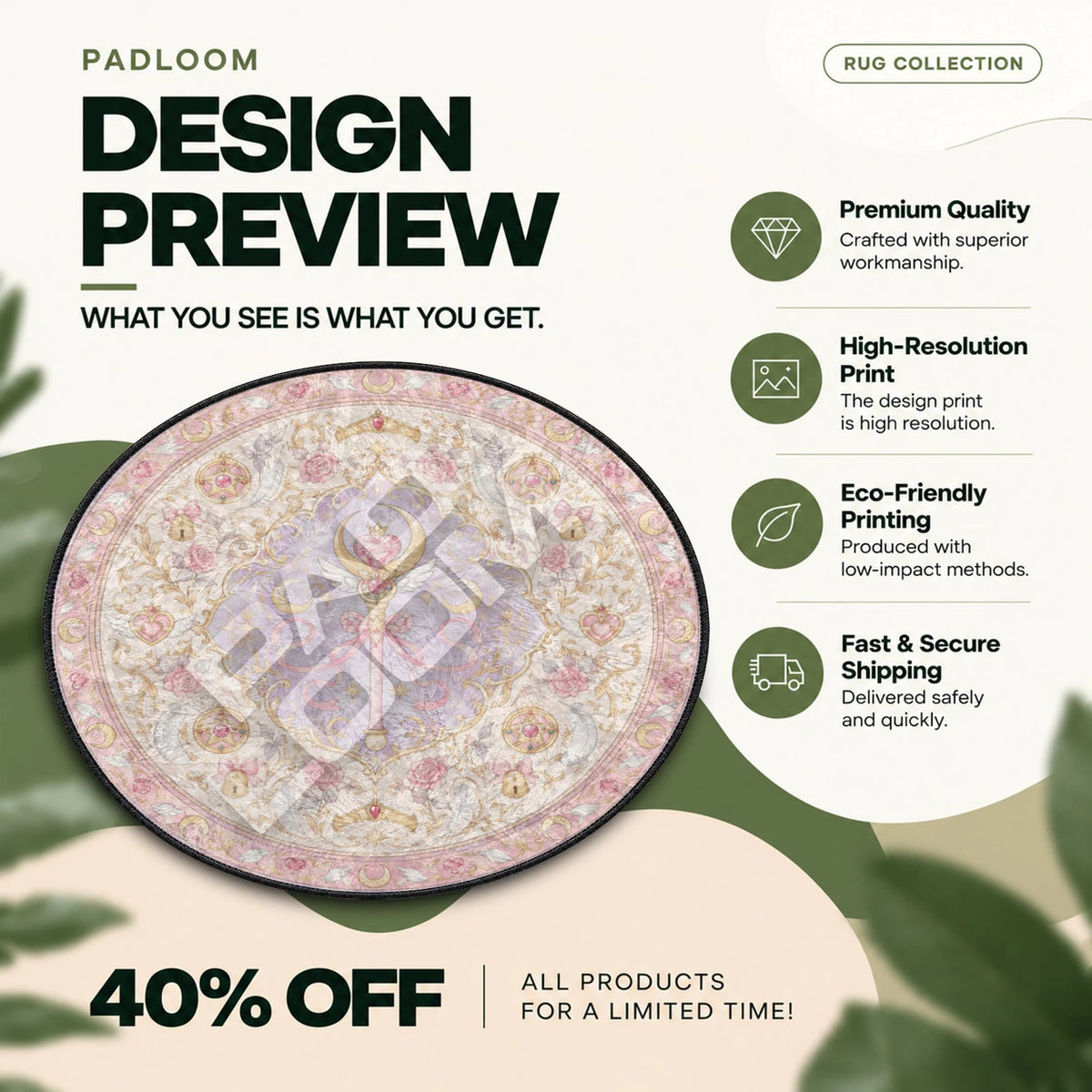 Moon Wand Rose Sailor Moon round rug full design preview