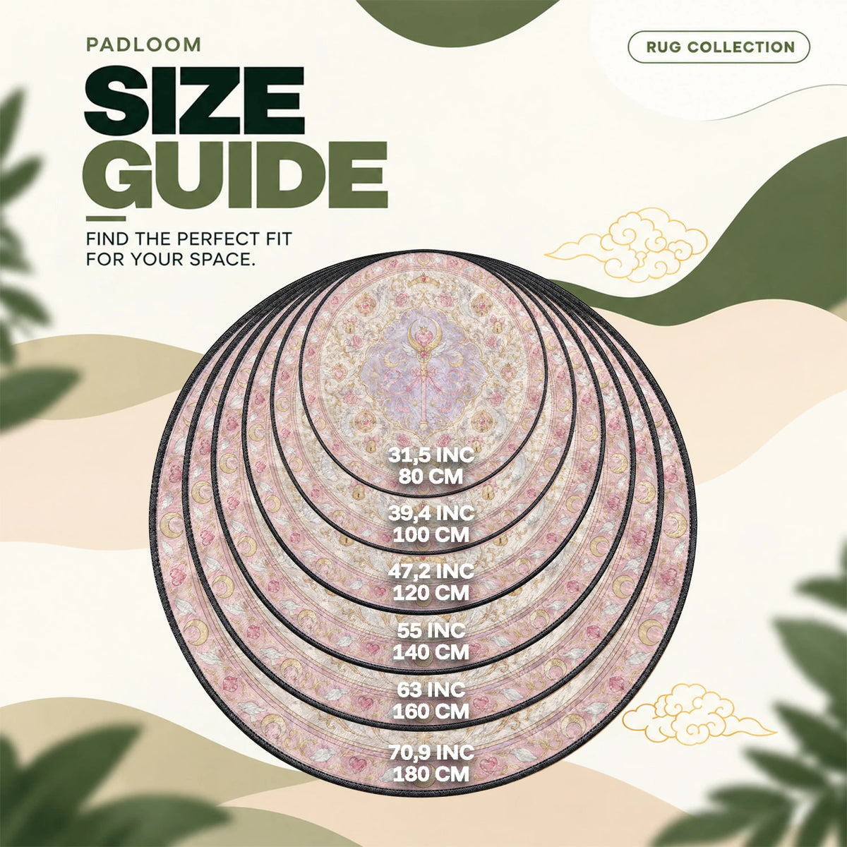 Moon Wand Rose round rug size guide, 80 to 180 cm (31.5 to 70.9 in)