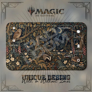 Moonlit Badger Owl Forest MTG playmat, brown and gray art with play zones, 24 x 14 in