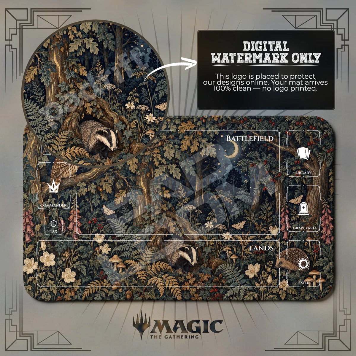 Moonlit Badger Owl Forest MTG playmat with zones; the Padloom watermark is digital only, not printed