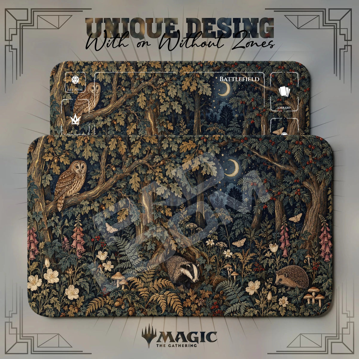 Moonlit Badger Owl Forest MTG playmat shown with zones and without zones
