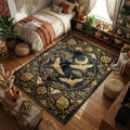 Japanese moonlit crane area rug with three gold birds and crescent moon on black night sky