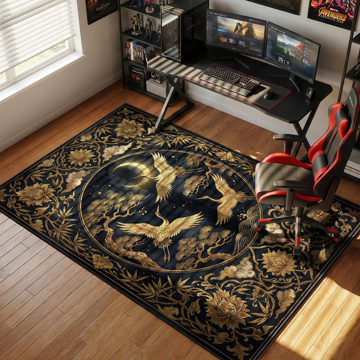 Moonlit crane rug placed in a dark-walled study with warm accent lighting and minimal furniture