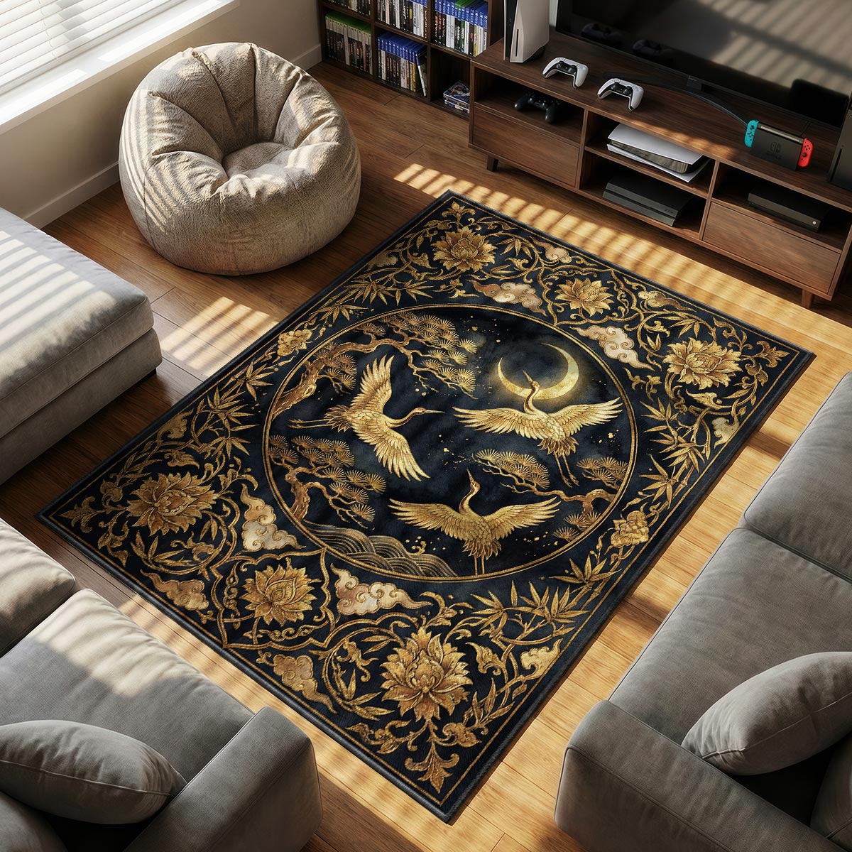 Close-up of moonlit crane rug showing gold feather detail and pine branch motif on velvet surface