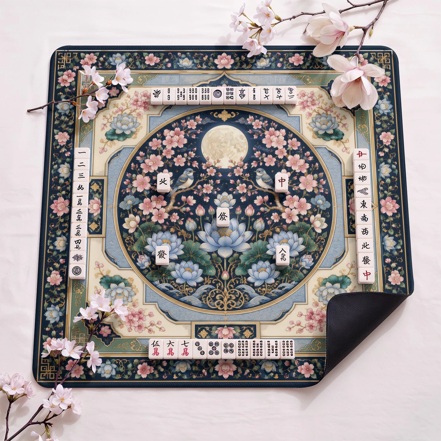Moonlit Lotus design close-up on mahjong mat surface