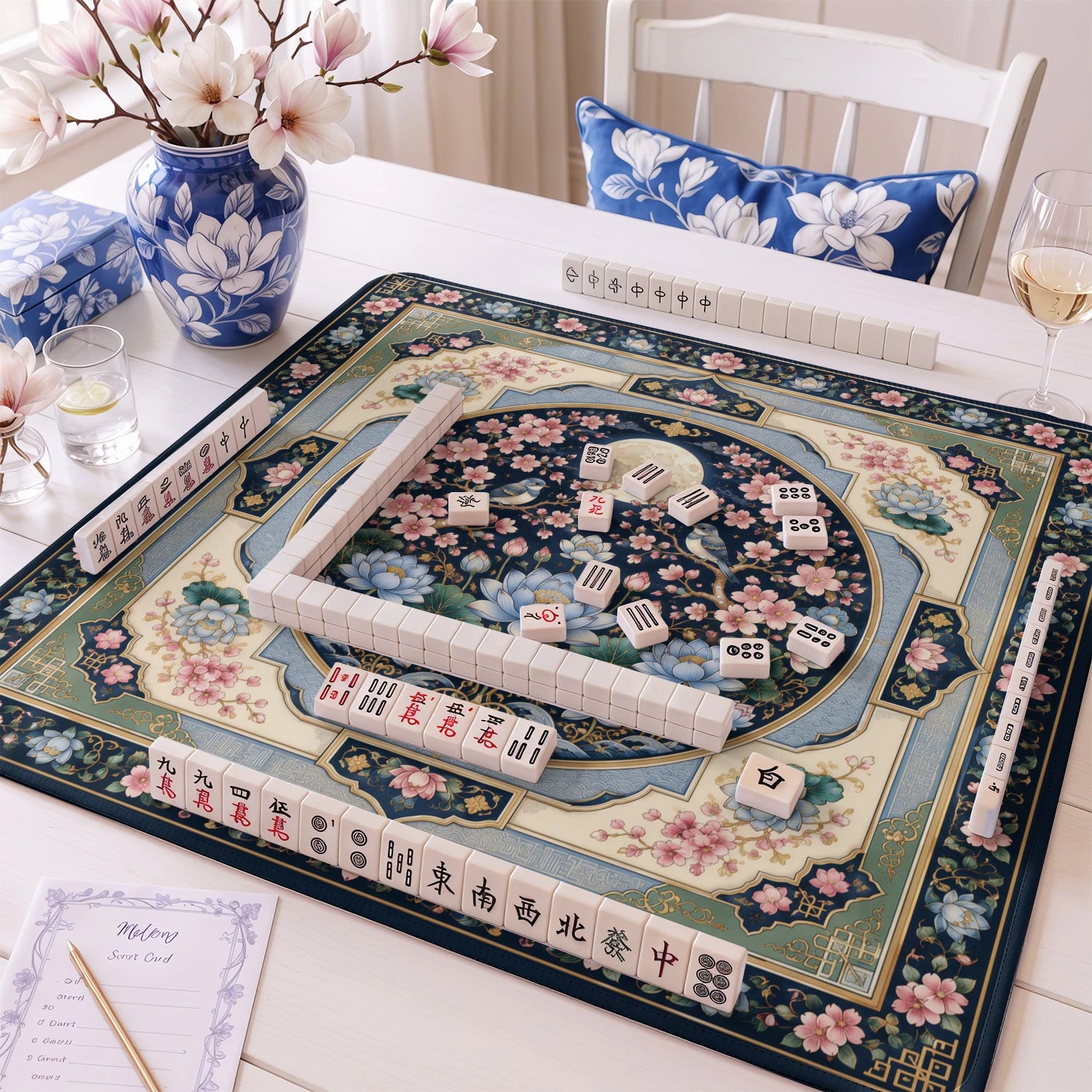 Moonlit Lotus mahjong mat – M (60x60 cm) and L (81x81 cm) sizes