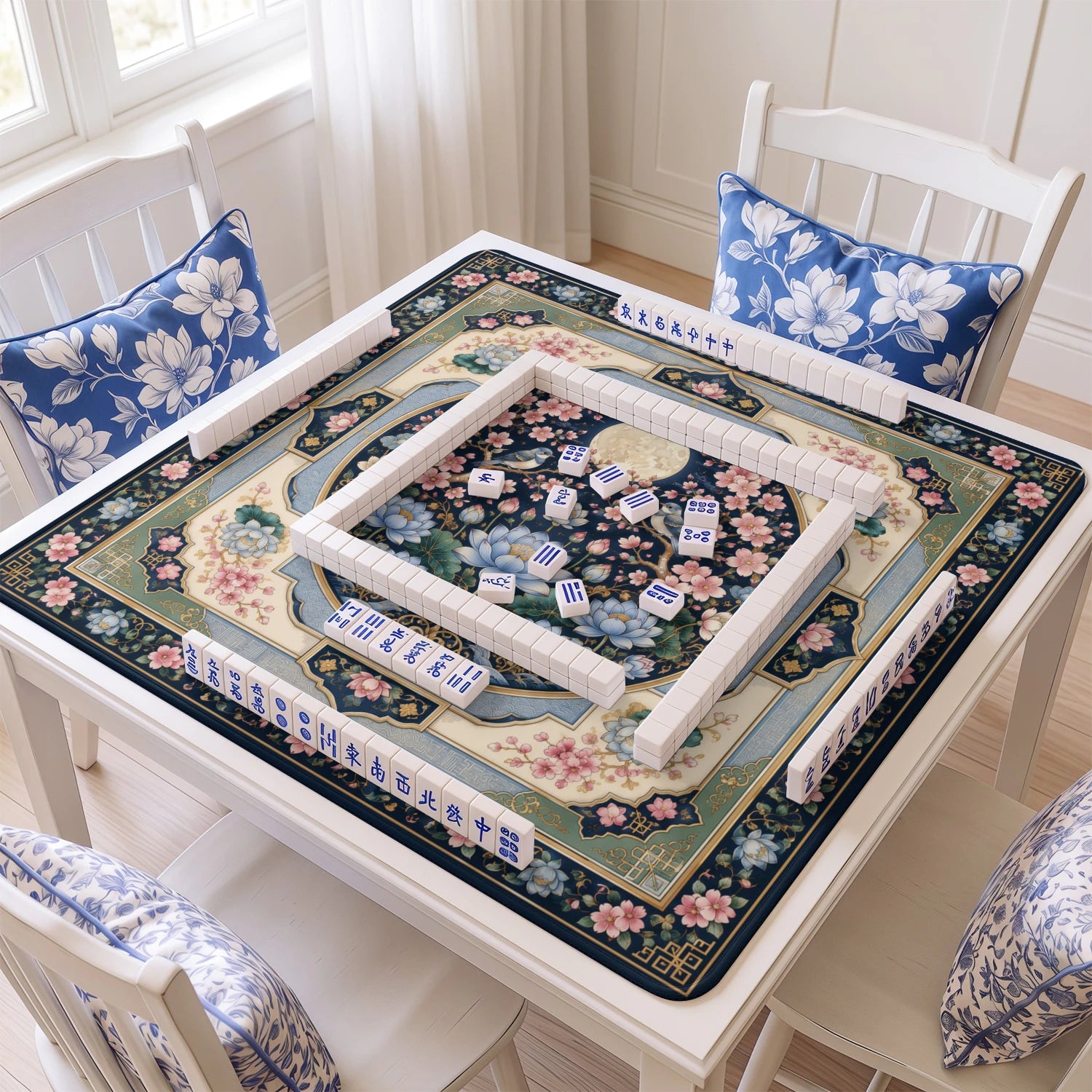 Moonlit Lotus mahjong mat with tiles and racks on the table