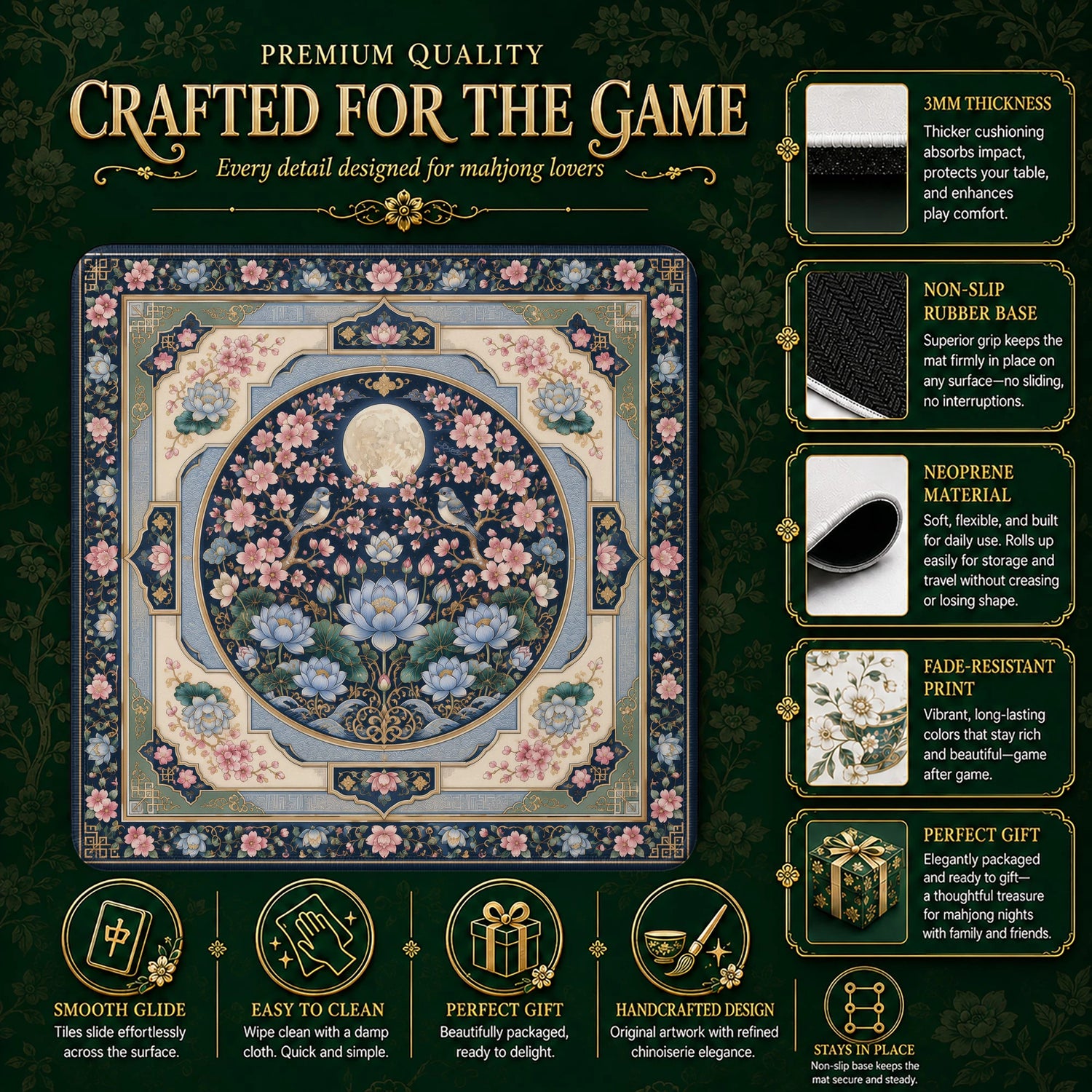Moonlit Lotus Mahjong Mat – neoprene mah jongg table mat