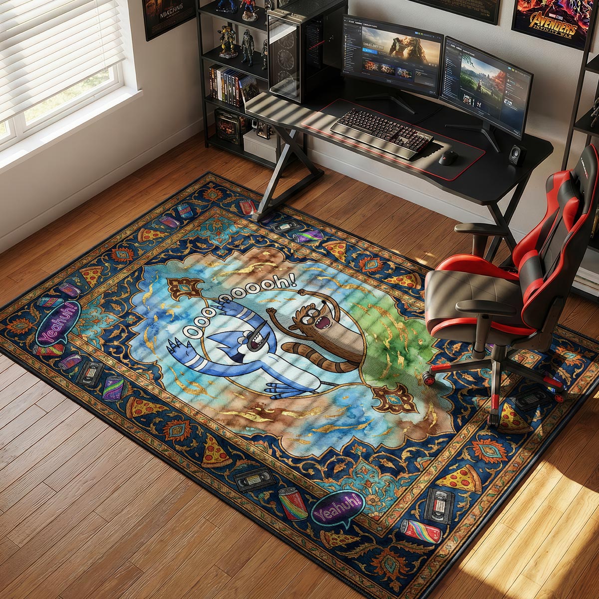 Mordecai and Rigby rug placed in a colorful dorm room beside a desk with posters on the wall