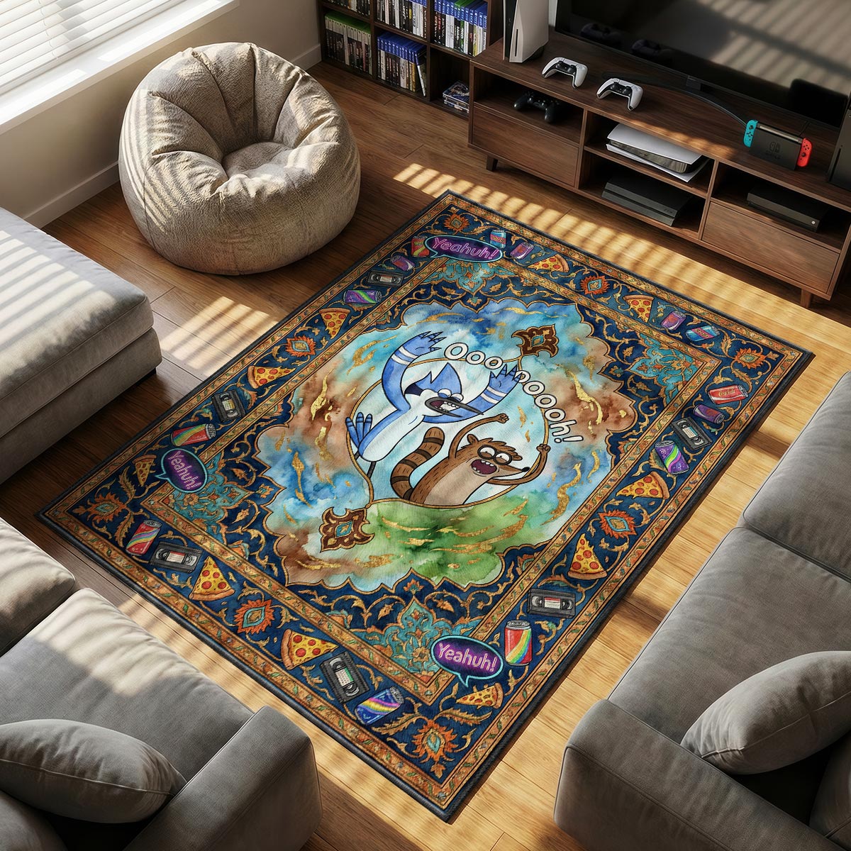 Close-up of Mordecai and Rigby area rug showing gold leaf detail and vivid dye-sublimation