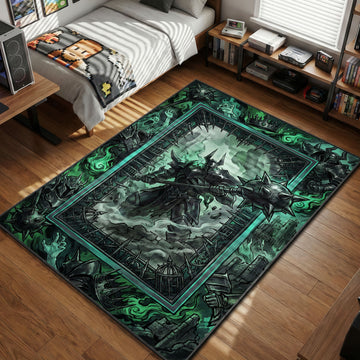 Mordekaiser wielding Nightfall mace with spectral green flames and iron spikes in dark fantasy style gaming area rug and floor mat